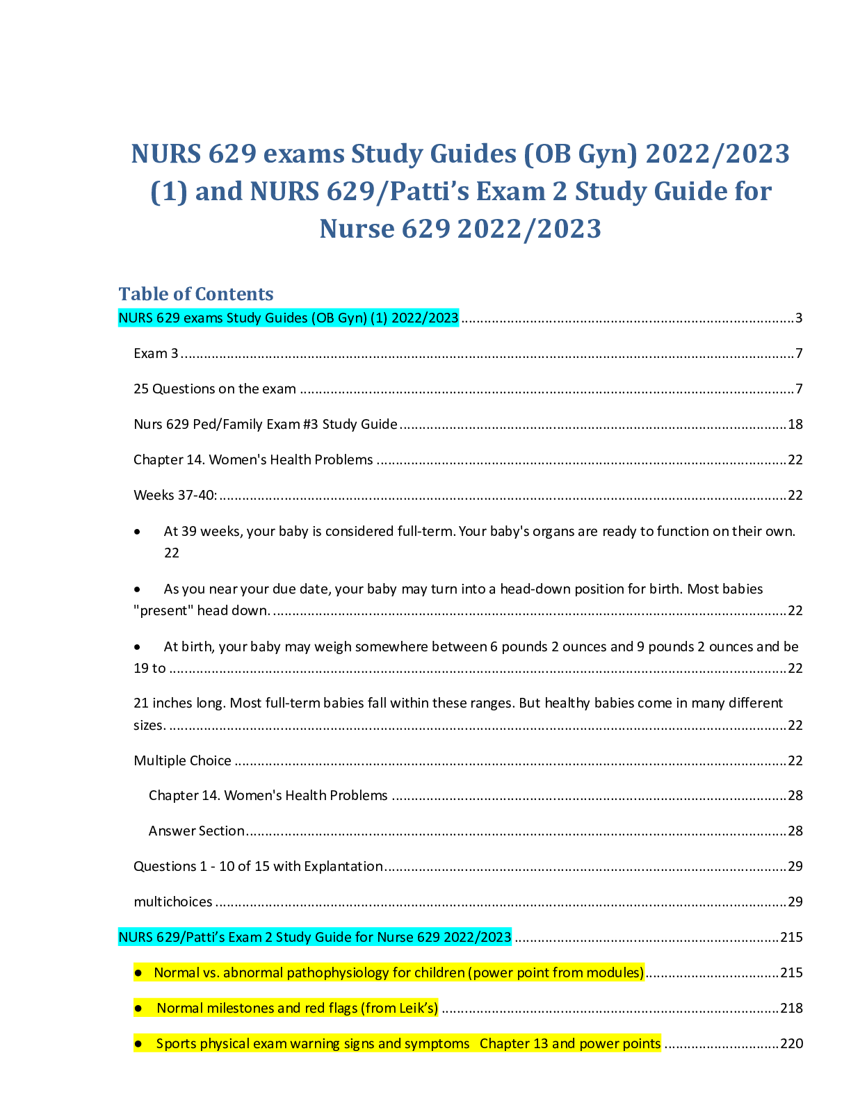 Preview of NURS 629 exams Study Guides (OB Gyn) 2022/2023 (1) and NURS 629/Patti’s Exam 2 Study Guide